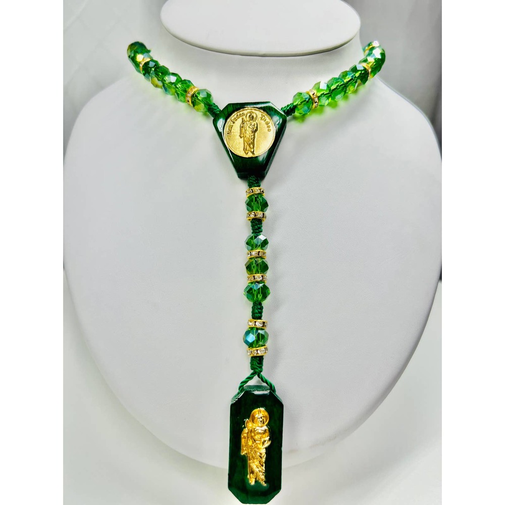 St Jude Rosary Necklace Green Wood Gold Filled Pendant Gold Beads Knotted NEW